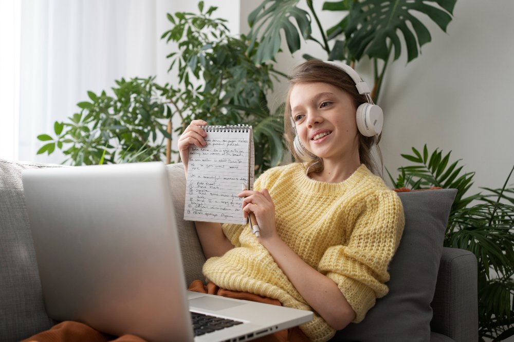 Girl studying on laptop