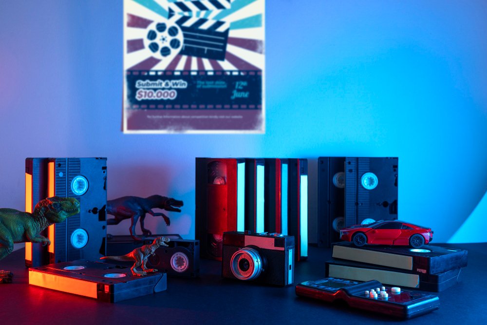 A table displays a collection of toys alongside a poster featuring Vsee Pro Max and VseeBox Max.