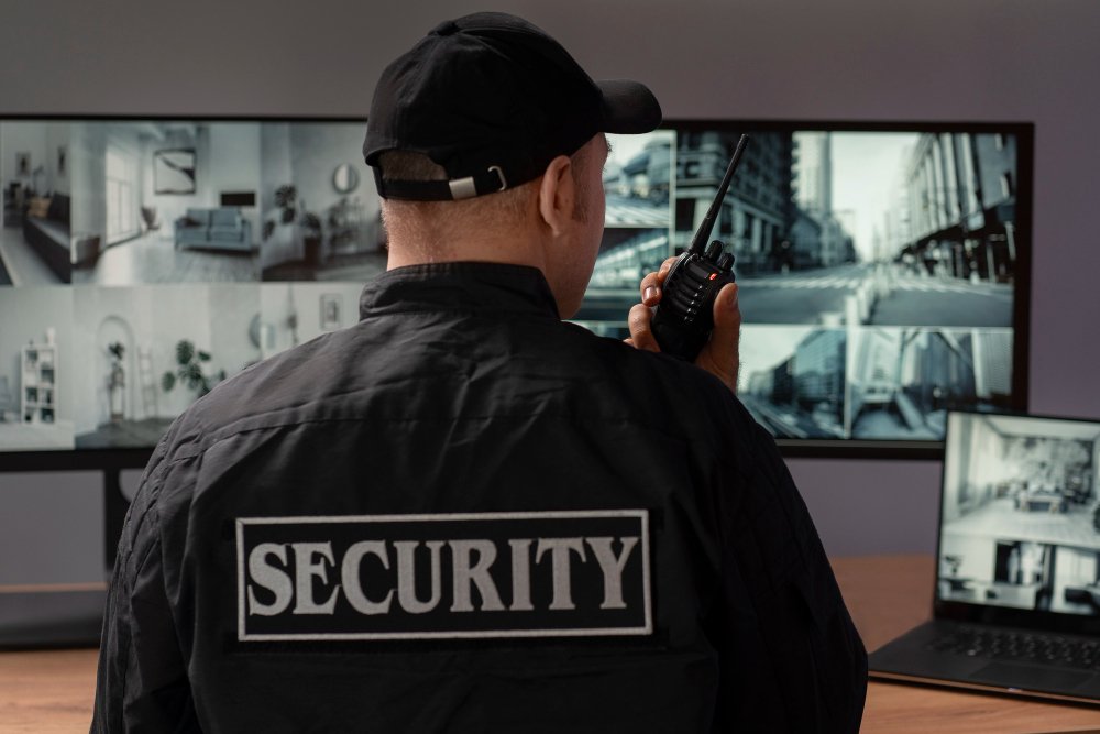 A security officer monitors multiple surveillance cameras on a screen, ensuring safety with customized security solutions.